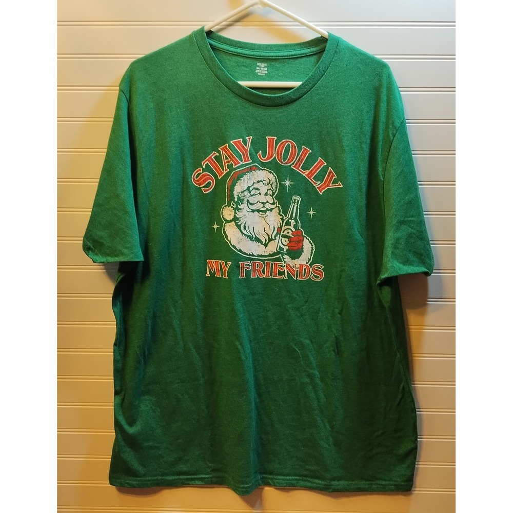 Holiday‎ Time Men's Green Stay Jolly Santa Graphic Christmas T-Shirt 2XL